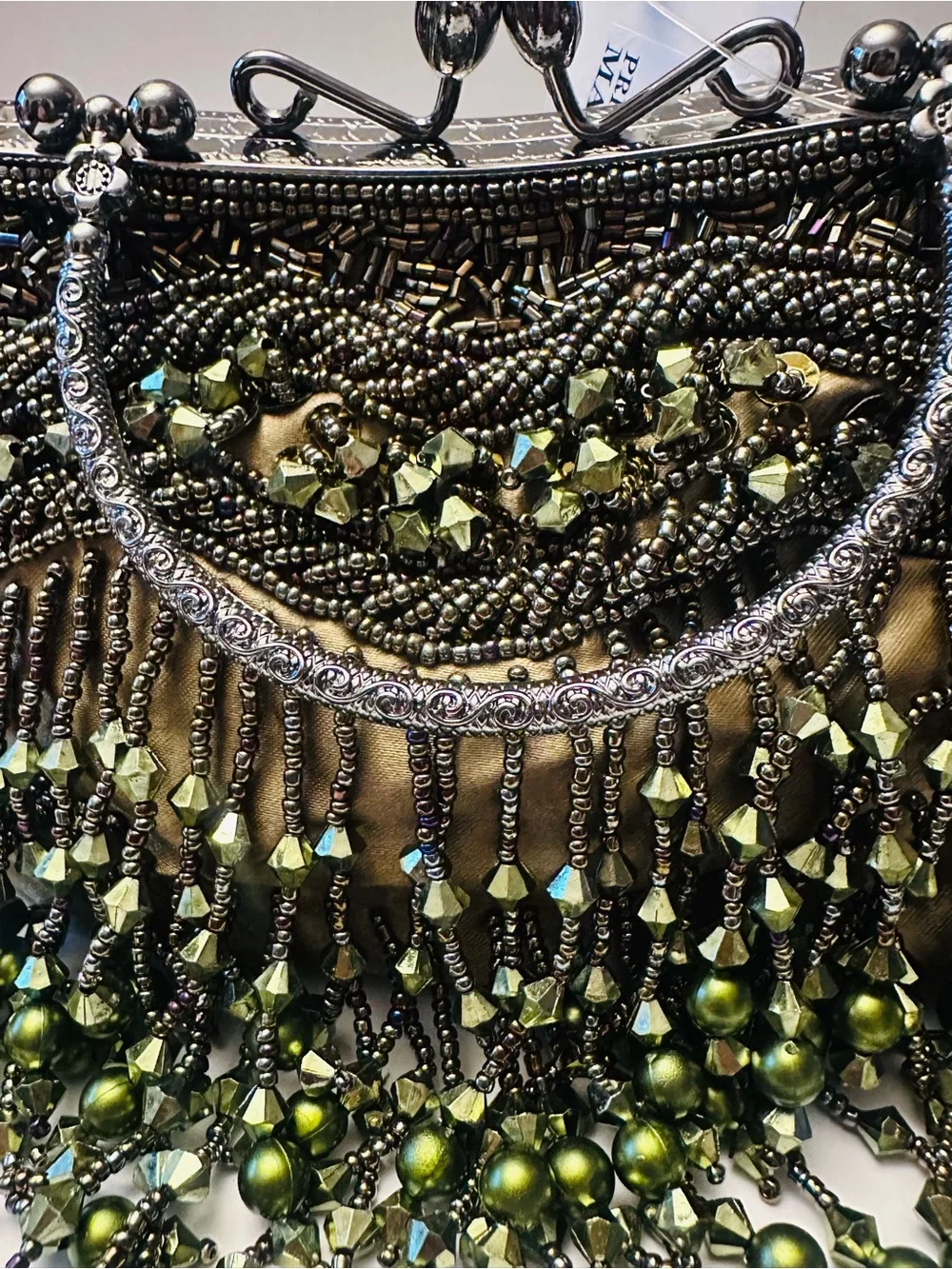 Olive Green Satin Beaded Mary Frances Inspired design Clutch/Purse with chain NW